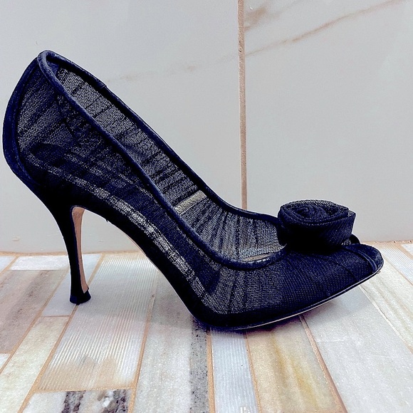 Dolce & Gabbana Black Tulle Fabric Flower Applique Peep Toe Pumps Size 37 - Picture 1 of 11